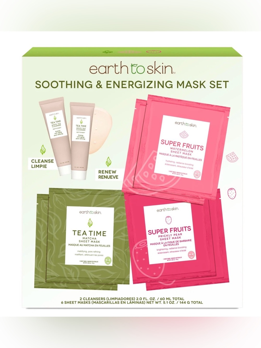 Earth to skin - Soothing & Energizing Mask Set — 2 cleansers & 6 sheets masks!